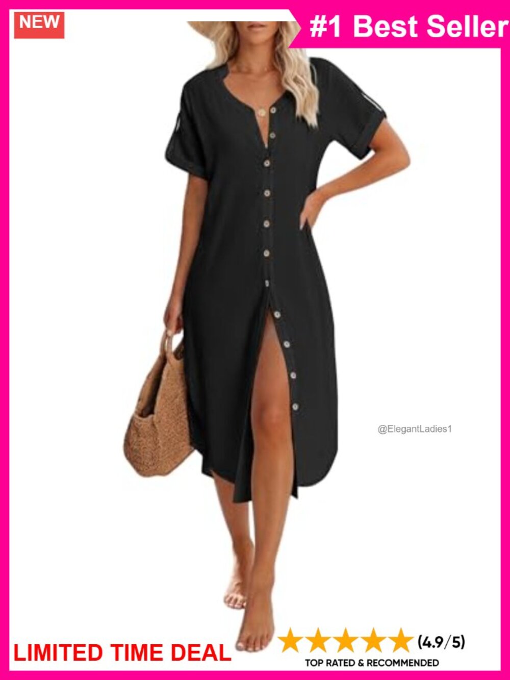 Button Down V-Neck Maxi Beach Cover Up Dress with Pockets